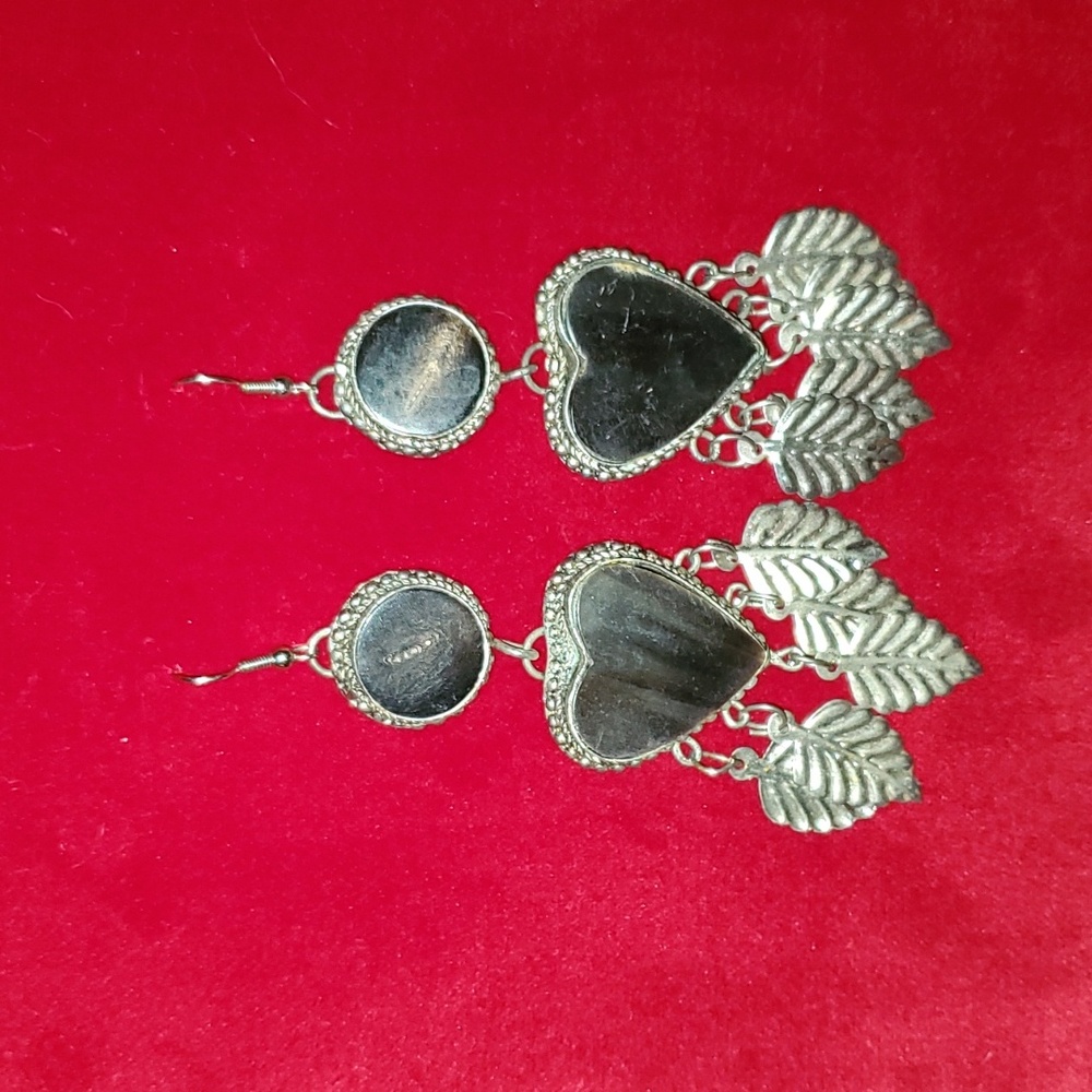 Vintage Petrified Wood Onyx Heart Silver Dangle Earrings